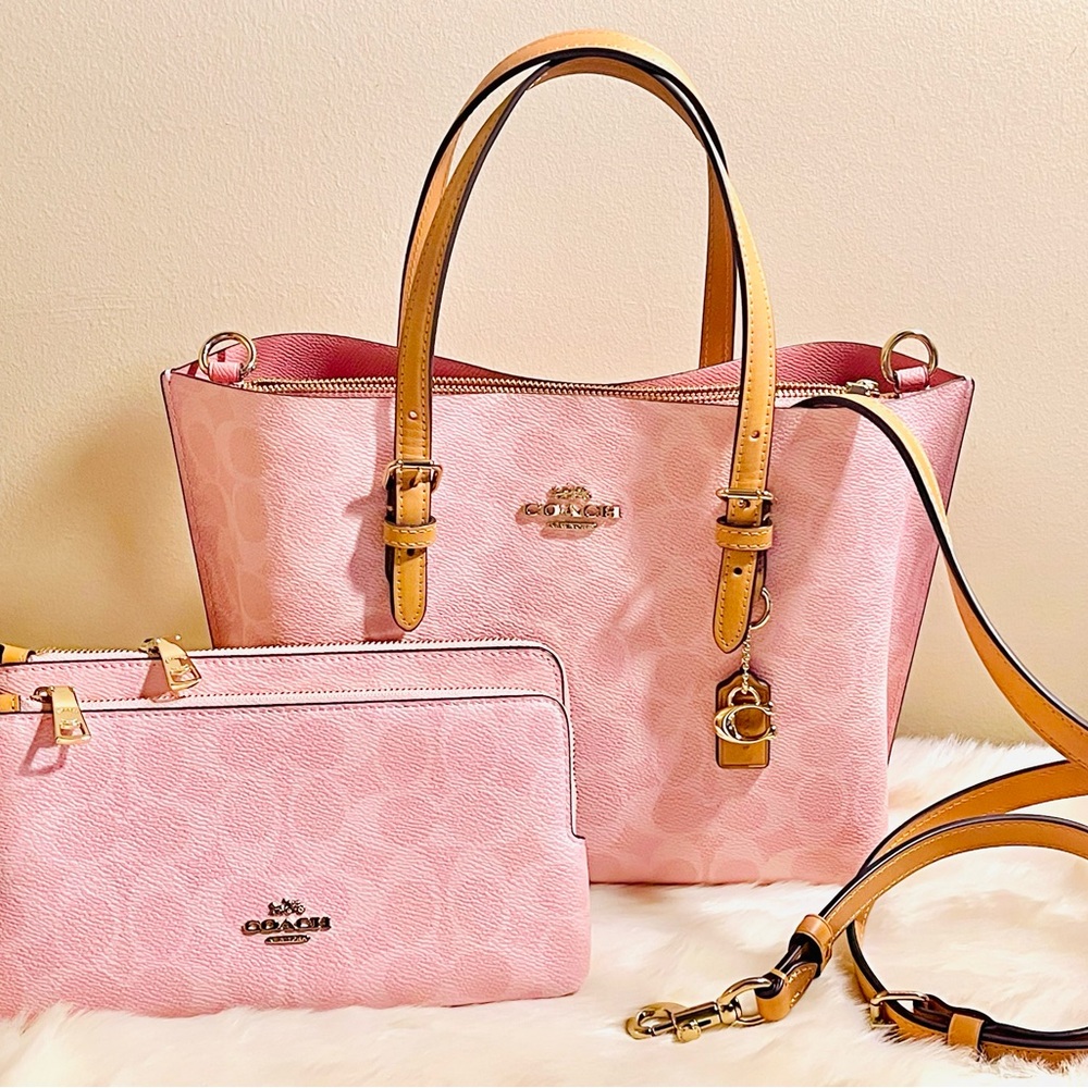 Coach Powder Pink Mollie Signature Tote with a matching Double Zip Wristlet